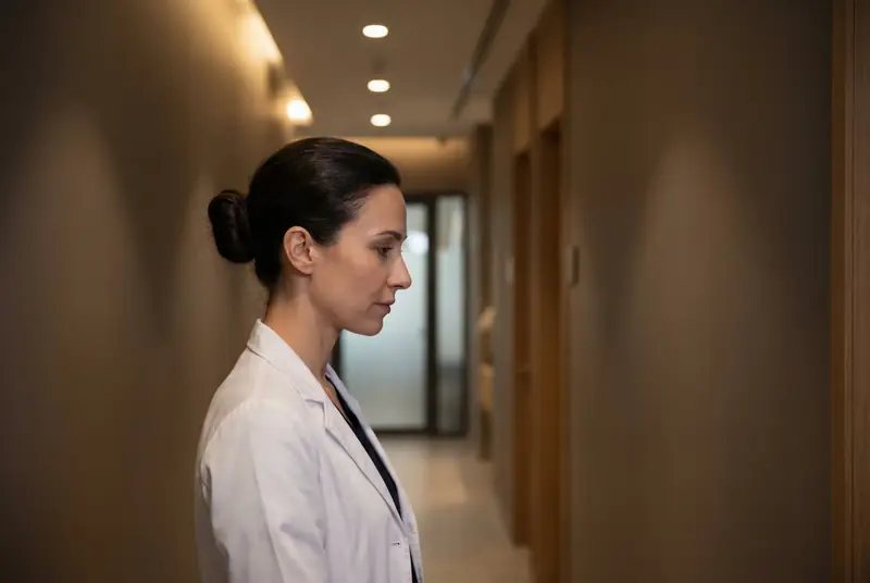 Médica ginecologista em momento de reflexão no corredor da clínica
